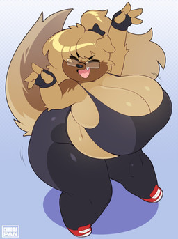 anthro big_breasts black_clothing black_gloves black_handwear bottomwear bra breasts brown_hair chibi cleavage clothed clothing eyewear fangs female fingerless_gloves glasses gloves hair handwear huge_breasts open_mouth overweight overweight_anthro overweight_female pants smile solo sports_bra teeth underwear yoga_pants chromapan brookie_(thepinkjay5) canid canine canis domestic_dog mammal 2023 hi_res