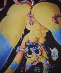 2_horns all_fours anthro ass_up big_butt blue_body blue_fur blue_horn bodily_fluids breasts butt dripping_vulva female fur genital_fluids genitals horn looking_down medium_breasts piercing pinata pink_body pink_fur pink_horn pink_vulva red_body red_fur sharp_teeth smile solo speech_bubble sweat sweatdrop sweatdrop_(iconography) teeth thick_thighs vaginal_fluids vulva yellow_body yellow_fur yellow_horn madewithgranny blushcrunch_studio dandy's_world yatta_(dandy's_world) animate_inanimate living_pinata toon_(dandy's_world) absurd_res hi_res