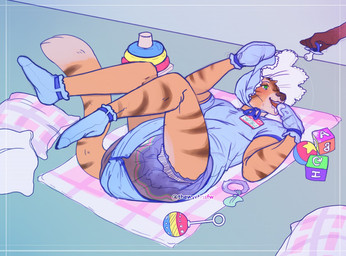 ageplay anthro biped bodily_fluids bonnet clothed clothing diaper drooling duo feces fur hair headgear headwear infantilism lying mind_control on_back open_mouth pacifier roleplay saliva scatplay soiled_diaper soiling solo_focus striped_body striped_fur stripes unclean_diaper used_diaper wearing_diaper babysp00ks felid feline mammal