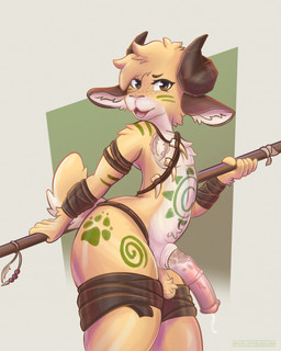 animal_genitalia animal_penis anthro balls bodily_fluids bodypaint cum cum_drip dripping equine_genitalia equine_penis femboy footprint genital_fluids genitals horn hunting male markings melee_weapon pawprint pawprint_(marking) penis polearm solo spear tribal tribal_clothing tribal_markings tribal_outfit weapon wraps woolofthewillow bovid caprine mammal sheep 4:5 absurd_res hi_res