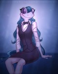 2021 amphibian anthro big_eyes blue_hair bottomwear bow_tie clothed clothing female frog fully_clothed hair hi_res long_hair octohat sitting skirt smile solo suit_vest