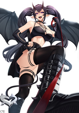 alternative_fashion armwear black_clothing black_hair boots bottomwear breasts butt clothed clothing collar dominant dominant_female elbow_gloves female footwear gloves goth hair handwear heart_tail horn humanoid_pointy_ears leash leash_pull leashed_viewer legwear long_hair looking_at_viewer low-angle_view midriff not_furry open_mouth panties pigtails pointy_ears purple_eyes sharp_teeth shoes skirt smile solo spiked_collar spikes tail teeth thigh_highs twintails_(hairstyle) underwear upskirt wings castell demon demon_humanoid humanoid winged_humanoid hi_res