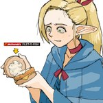 blonde_hair bodily_fluids burger clothing female food hair humanoid_pointy_ears light_body light_skin long_hair not_furry pointy_ears simple_background solo sweat text wide_eyed pantsu-ripper delicious_in_dungeon mcdonald's marcille_donato elf humanoid 1:1 english_text