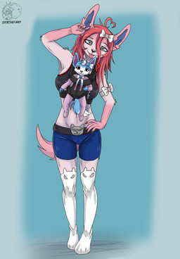 black_nose blue_body blue_fur clothing duo female fur hair neonate pink_body pink_fur pink_hair tongue tongue_out young allartskye nintendo pokemon sapphyre_(allartskye) sylvie_(allartskye) eeveelution generation_6_pokemon pokemon_(species) sylveon hi_res daughter_(lore) mother_(lore) mother_and_child_(lore) mother_and_daughter_(lore) parent_(lore) parent_and_child_(lore) parent_and_daughter_(lore)