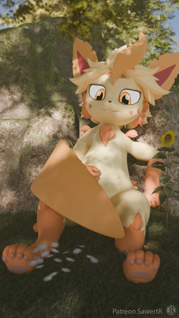 anthro anthrofied camera detailed_background flower forest grass hair komorebi light looking_down male open_mouth orange_body plant rock solo sunlight tail teeth tree sawert nintendo pokemon fan_character guro_(sawert) eeveelution generation_4_pokemon leafeon mammal pokemon_(species) 2025 3d_(artwork) 9:16 blender_(artwork) digital_media_(artwork) hi_res