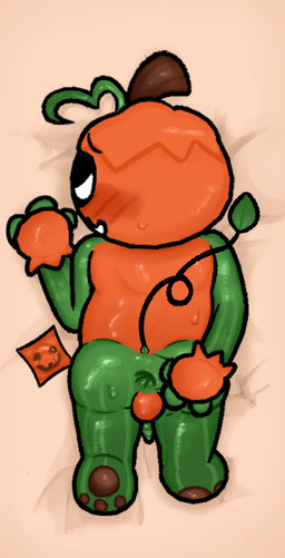 anthro balls body_pillow condom condom_wrapper dakimakura food for_a_head fruit genitals male pawpads penis pillow plant pumpkin pumpkin_head rear_view sexual_barrier_device slightly_chubby small_balls small_penis solo worried young young_anthro young_male pebblegorepup blushcrunch_studio dandy's_world roblox gourdy_holloway object_head dakimakura_design