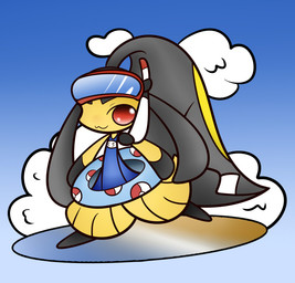 black_hair clothing cloud eyewear female goggles hair hair_mouth outside pokeball pokeball_clothing pool_float red_eyes snorkel solo standard_pokeball swimwear teeth concave_(artist) nintendo pokemon generation_3_pokemon mawile pokemon_(species)