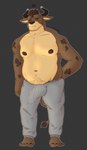 accessory anthro barefoot belly black_horn black_nails body_hair bottomwear brown_body brown_fur brown_hair brown_nipples brown_nose bulge clothed clothing colored_nails detailed_bulge down_the_leg_bulge ear_piercing feet fur furgonomics genital_outline grey_bottomwear grey_clothing grey_pants hair horn horn_accessory horn_cap male markings muscular nails navel nipples overweight overweight_male pants penis_outline piercing simple_background slightly_chubby solo spots spotted_markings standing sweatpants tail tan_body tan_fur tired tired_eyes topless topless_male darebearart extracurricular_activities chester_(extracurricular_activities) bovid bovine cattle mammal 2023 absurd_res hi_res