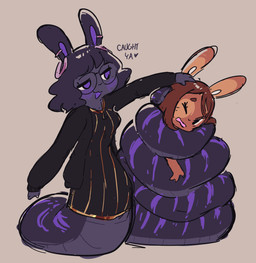 ambiguous_gender anthro clothed clothed_anthro clothing constrained duo eyewear glasses grey_background heart_symbol long_ears one_eye_closed open_mouth purple_eyes simple_background tail tail_coil tail_wrapped_around_body text trapped eerieviolet april_(eerieviolet) hybrid lagomorph leporid mammal rabbit reptile scalie snake 2025 english_text hi_res