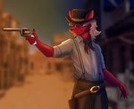 anthro blurred_background canid canine canis clothing colt_single_action_army cowboy_hat cowboy_outfit floppochkin gun handgun hat headgear headwear hi_res looking_away male mammal ranged_weapon revolver saikar scarf single_action solo weapon wild_west wolf