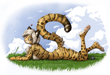 anthro black_spots breasts cloud female fluffy fluffy_tail fur hair inner_ear_fluff looking_at_viewer lying markings nipples on_front on_grass outside pose side_boob sky solo spots spotted_body spotted_fur tail tuft white_hair yellow_body yellow_fur conditional_dnp jay_naylor heather_(jay_naylor) clouded_leopard felid mammal pantherine absurd_res hi_res