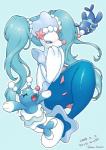 ambiguous_gender blue_body blue_eyes blue_hair blush eyelashes fangs group hair long_hair open_mouth pink_nose simple_background smile starfish_(accessory) teeth kemokemono nintendo pokemon asterozoan brionne echinoderm generation_7_pokemon mammal marine pinniped pokemon_(species) popplio primarina starfish digital_media_(artwork)