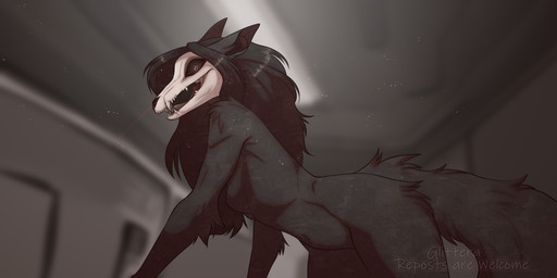 all_fours anthro black_body black_fur black_hair black_sclera bone breasts fangs female fluffy fluffy_tail fur hair inside long_hair looking_at_viewer navel nude open_mouth side_view skull skull_head small_breasts solo tail teeth glitter_galaxia scp_foundation scp-1471-a canid canine malo mammal 2025 colored digital_drawing_(artwork) digital_media_(artwork) hi_res shaded