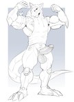 anthro balls bottomless clothed clothing erection genitals glans hood hoodie hoodie_only humanoid_genitalia humanoid_penis male muscular muscular_anthro muscular_male penis simple_background solo standing tail topwear topwear_only killianroo bandai_namco digimon digimon_(species) hackmon absurd_res hi_res