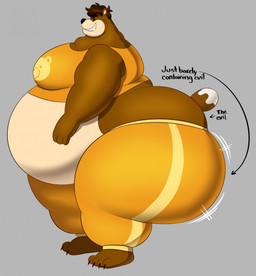 anthro belly big_butt black_nose bottomwear bottomwear_down brown_body brown_fur butt claws clothed clothing dipstick_tail directional_arrow dot_eyes evil_grin fur glistening grey_background grin hair huge_butt hyper hyper_butt male markings midriff motion_lines obese obese_anthro obese_male overweight overweight_anthro overweight_male pants pants_down partially_clothed sharp_teeth shirt side_view simple_background simple_eyes smile solo tail tail_markings tank_top teeth text tight_bottomwear tight_clothing toe_claws topwear white_tail_tip megacoolbear evil_container cinna_(megacoolbear) bear mammal 2025 colored digital_media_(artwork) hi_res shaded