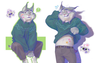 anthro bandage belly body_hair bottomwear clothing dialogue fur green_clothing green_sweater green_topwear grey_body grey_fur male solo sweater topwear tuft stoatallynate disney zootopia pawbert_lynxley canada_lynx felid feline lynx mammal