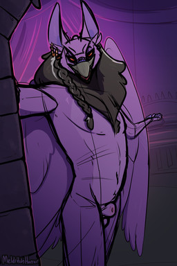 animal_genitalia anthro balls beak black_body black_fur braided_hair ear_piercing ear_ring feathered_wings feathers fully_sheathed fur genitals hair looking_at_viewer male male_anthro nude nude_anthro nude_male open_mouth piercing purple_body purple_feathers purple_fur red_eyes ring_piercing sheath solo standing wings meldritchhorror mythology neopets lord_kass avian gryphon mythological_avian mythological_creature 2020 2:3 hi_res