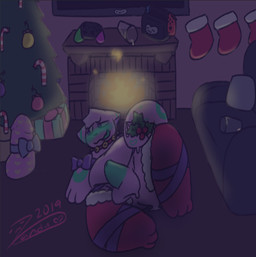 anthro balls bell blush christmas_tree clothing collar controller drunk eggnog electronics fireplace game_console game_controller genitals gift green_penis holidays holly_(plant) legwear male melting penis plant solo stockings substance_intoxication tree slimecatt christmas nintendo nintendo_switch zandu_(slimecatt) goo_creature