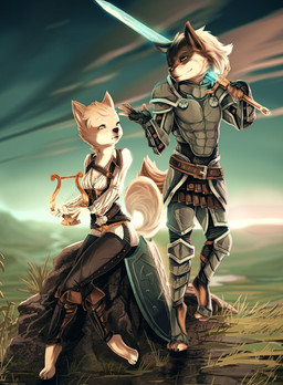 5_fingers anthro armor barefoot biped clothed clothing detailed_background digitigrade duo eyelashes feet female fingers grass harp holding_melee_weapon holding_object holding_sword holding_weapon male melee_weapon musical_instrument plant plucked_string_instrument rock simple_background sitting smile solo string_instrument sword weapon yellow_eyes fruitbloodmilkshake canid canine canis domestic_dog mammal hi_res