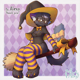 accessory anthro bell biped black_body black_fur bow_ribbon breasts broom broom_riding claws cleaning_tool clothing eyewear fangs female fur furgonomics glasses hat headgear headwear inner_ear_fluff kemono magic_user ribbons solo tail tail_accessory tail_bow tail_ribbon teeth tuft witch witch_hat acky05 domestic_cat felid feline felis mammal hi_res