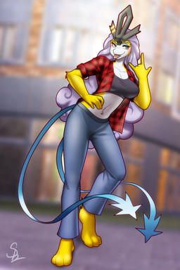 anthro bottomwear clothed clothing female navel navel_piercing pants piercing shirt solo standing topwear nariikhan nintendo pokemon generation_2_pokemon legendary_pokemon pokemon_(species) raikou suicune hi_res
