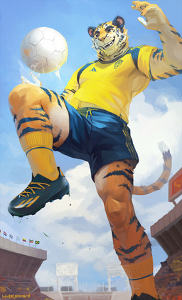 ball bottomwear claws cleats clothing crowd_watching footwear male outside raised_tail shorts smile soccer soccer_ball soccer_jersey soccer_uniform socks solo sport sports_uniform sportswear stadium stadium_background stadium_lighting stripes tail teeth uniform world_cup whiteleonard adidas fifa sweden_national_football_team felid mammal pantherine tiger hi_res