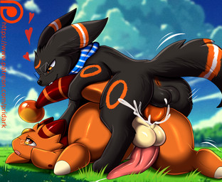 anal anal_penetration animal_genitalia animal_penis balls bite bodily_fluids canine_genitalia canine_penis cum cum_in_ass cum_inside doggystyle duo eyewear feral field from_behind_position genital_fluids genitals glasses grin knot knotted_penis lying male male/male on_front orange_eyes penetration penis scarf sex smile tail tail_bite tail_in_mouth pridark nintendo pokemon disterious litho_(stormysparkler) ampharos eeveelution generation_2_pokemon pokemon_(species) umbreon hi_res