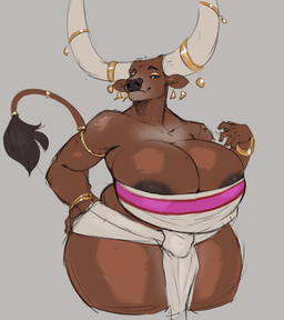 anthro areola areola_outline areola_slip bangle big_areola big_breasts bracelet breasts brown_areola brown_body brown_fur cleavage clothed clothing cosplay curvy_figure ear_piercing female fur hand_on_hip hand_on_own_hip horn huge_breasts huge_hips huge_thighs jewelry muscular muscular_anthro muscular_female pelvic_curtain piercing solo tail thick_thighs topwear voluptuous wide_hips jezzlen dreamworks the_road_to_el_dorado chel_(the_road_to_el_dorado) zhavia_(jezzlen) bovid bovine cattle mammal