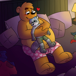anthro bed blush bulge clothing detailed_background duo furniture heart_clothing heart_symbol heart_underwear hug hugging_another hugging_from_behind humanoid_hands male male/male overweight overweight_male pattern_clothing pattern_underwear pillow sitting underwear rodraccoon bear mammal procyonid raccoon 1:1 2015 hi_res