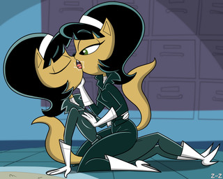 4_fingers anthro arm_support bangs black_eyebrows black_hair black_nose boots bottomwear breasts brown_body brown_ears brown_fur brown_tail clothed clothed_anthro clothed_female clothing duo eyebrow_through_hair eyebrows eyelashes eyes_closed female female/female female_anthro filing_cabinet fingers floor footwear french_kissing fully_clothed fully_clothed_anthro fully_clothed_female fur gloves green_eyes hair half-closed_eyes hand_on_breast hand_on_hip handwear high_heeled_boots high_heels inside intraspecies jacket kissing kneeling leaning leaning_backward long_hair narrowed_eyes on_ground on_lap open_mouth pants pink_tongue pointy_ears prick_ears pupils rug saliva_on_face selfcest shirt shoes side_view sitting square_crossover tail teal_bottomwear teal_clothing teal_jacket teal_pants teal_topwear teeth tile tile_floor tongue tongue_out topwear translucent translucent_hair white_boots white_clothing white_footwear white_gloves white_hairband white_handwear white_shirt white_topwear zoda-z nickelodeon t.u.f.f._puppy kitty_katswell domestic_cat felid feline felis mammal 2025 absurd_res hi_res signature