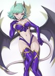 armwear black_wings blue_hair bra clothing female front_view hair horn humanoid_pointy_ears legwear looking_at_viewer membrane_(anatomy) membranous_wings navel panties pointy_ears purple_armwear purple_bra purple_clothing purple_eyes purple_legwear purple_panties purple_underwear simple_background smile solo underwear white_background wings shermugi demon demon_humanoid humanoid 2023 absurd_res hi_res