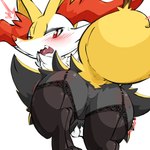 1:1 absurd_res aka_leopard ambiguous_gender anthro big_butt biped black_body black_clothing black_fur black_legwear black_stockings blush blush_lines bodily_fluids braixen butt clothing featureless_crotch fur garter_straps generation_6_pokemon hi_res inner_ear_fluff lace_stockings legwear lingerie looking_at_viewer looking_back nintendo on_model open_mouth pokemon pokemon_(species) rear_view red_eyes red_inner_ear seam_(sewing) simple_background solo stick stockings sweat teeth tuft white_background white_body white_fur yellow_body yellow_fur