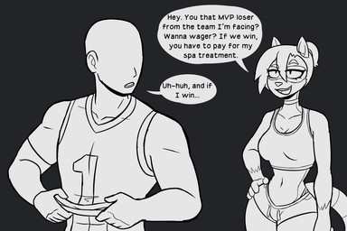 abs anthro clothing duo female looking_back male shirt simple_background size_difference tank_top text topwear wide_hips lemondude instant_loss_2koma anon human mammal procyonid raccoon 3:2 english_text sketch