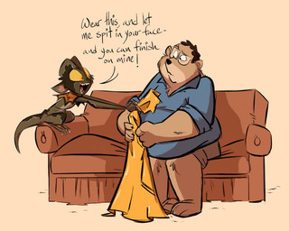 anthro bodypaint clothing coat confusion crouching dialogue duo eyewear female furniture glasses happy humor larger_male male male/female nude on_sofa open_mouth overweight overweight_male raincoat simple_background sitting size_difference smaller_female sofa text topwear fluttershythekind illumination_entertainment jurassic_park sing_(movie) universal_studios unnamed_tarsier_(sing) bear dilophosaurid dilophosaurus dinosaur haplorhine mammal prehistoric_species primate reptile scalie tarsier theropod 2025 5:4 english_text