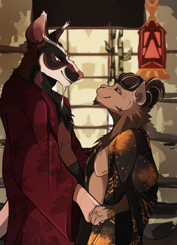 anthro asian_clothing bamboo brown_body brown_eyes brown_fur building clothing duo east_asian_clothing eye_contact fur hair hand_holding house japanese_clothing kimono looking_at_another male male/male standing white_body white_fur miko_umbra teenage_mutant_ninja_turtles teenage_mutant_ninja_turtles_(2012) hades_(monkey) master_splinter brown_rat haplorhine mammal monkey murid murine primate rat rodent absurd_res digital_media_(artwork) hi_res