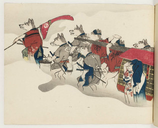 accessory ambiguous_gender anthro asian_clothing butt clothing drum east_asian_clothing group headband holding_object japanese_clothing melee_weapon musical_instrument palanquin percussion_instrument simple_background sword weapon whiskers white_background onishi_chinnen public_domain canid canine fox mammal 19th_century ancient_art traditional_media_(artwork)