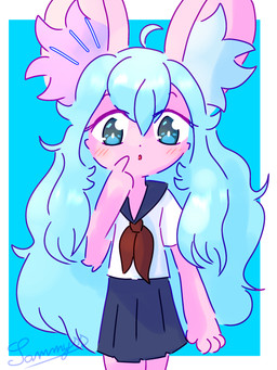 4_fingers adolescent anthro asian_clothing blue_background blue_bottomwear blue_clothing blue_eyes blue_hair blue_inner_ear_fluff blue_skirt blush bottomwear clothed clothing east_asian_clothing eyebrows eyelashes female fingers fully_clothed fur gesture hair hand_gesture inner_ear_fluff japanese_clothing japanese_school_uniform long_hair looking_at_viewer open_mouth pink_body pink_ears pink_fur pink_inner_ear pointing pointing_at_self purple_inner_ear_fluff school_uniform serafuku simple_background skirt solo standing topwear tuft uniform white_clothing white_topwear young young_anthro young_female conditional_dnp xammyxx lily_(xammyxx) bat mammal 2025 3:4 absurd_res digital_media_(artwork) hi_res ibispaint_(artwork) shaded signature watermark