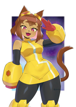 anthro arm_cannon bodysuit breasts clothing eyewear eyewear_on_head fangs female fur gesture gloves goggles goggles_on_head handwear one_fang ranged_weapon skinsuit solo tail teeth tight_clothing waving waving_at_viewer weapon weapon_arm wide_hips juniidesu gameoverse glitch_productions kit_bodega domestic_cat felid feline felis mammal hi_res