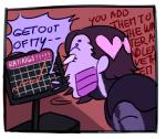 2015 android clothing dialogue electronics english_text exclamation_point graph hair heart_symbol humanoid machine male mettaton mettaton_ex monitor not_furry ojiisanholic purple_body purple_skin robot robot_humanoid short_hair solo text toony undertale undertale_(series)