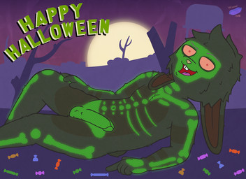 anthro balls bodypaint buckteeth candy dessert erection floppy_ears food fur genitals glowing_paint looking_at_viewer lying male multicolored_body multicolored_fur navel nude on_ground on_side open_mouth penis simple_background skeleton_bodypaint smile solo tail teeth text two_tone_body two_tone_fur wiener-fag tobi_(wiener-fag) lagomorph leporid mammal rabbit digital_media_(artwork) english_text