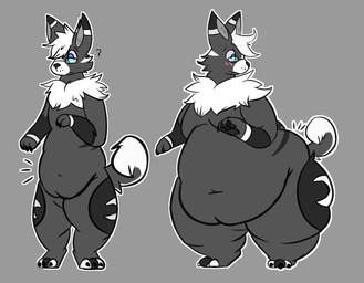 3_fingers 3_toes anthro belly belly_overhang biped black_body black_fur blue_eyes blush blush_lines bottom_heavy embarrassed expansion eyewear eyewear_only fat_legs feet fingers fur glasses glasses_only grey_background grey_body grey_fur hair looking_at_own_belly looking_at_self love_handles male moobs navel neck_tuft nude obese obese_anthro obese_male overweight overweight_anthro overweight_male pear-shaped_figure question_mark rectangular_glasses simple_background solo standing tail thick_thighs three-quarter_view toes tuft wearing_glasses weight_gain white_body white_fur white_hair wide_hips camuushamuu kade_(stuffedstag) canid canine canis domestic_dog husky mammal nordic_sled_dog spitz 2018 digital_drawing_(artwork) digital_media_(artwork) full-length_portrait hi_res portrait sequence