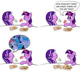 disgust duo eating female feral food glowing glowing_horn horn magic simple_background taco taco_truck telekinesis wings locus343ex poxy_boxy friendship_is_magic hasbro my_little_pony mythology starlight_glimmer_(mlp) trixie_(mlp) twilight_sparkle_(mlp) equid equine mammal mythological_creature mythological_equine unicorn winged_unicorn comic hi_res