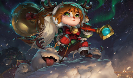 ambiguous_gender anthro antlers aurora_(phenomenon) brown_body brown_fur brown_hair city cityscape clothing female fur group hair holding_bell holidays horn looking_up outside red_clothing red_nose sled snow solo_focus tongue tongue_out white_body white_fur rudy_siswanto christmas league_of_legends riot_games tencent poppy_(lol) snow_fawn_poppy_(lol) animal_humanoid deer humanoid imp mammal poro yordle 2018 digital_media_(artwork) hi_res official_art