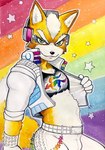 anthro armor bisexual_pride_colors bulge clothed clothing crop_top cropped_jacket eyelashes fur headgear helmet jacket lgbt_pride lipstick makeup male open_clothing open_jacket open_topwear pansexual_pride_colors pride_colors rainbow rainbow_pride_colors shirt solo star topwear yellow_body yellow_fur ulala_ko lgbt_pride_month nintendo star_fox fox_mccloud canid canine fox mammal 2025 hi_res