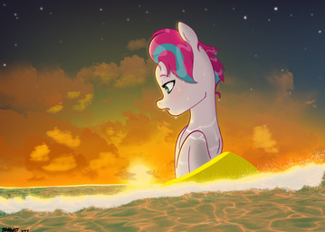 bent_leg blue_eyes blue_mane blue_sky blush cloud evening eyebrows eyelashes female female_feral feral fur light mane multicolored_mane open_mouth outside pink_eyebrows pink_mane sea short_mane sky solo star starry_sky sunset surfboard surfing text two_tone_mane water wet wet_body white_body white_fur wings starburst_uwu hasbro mlp_g5 my_little_pony mythology zipp_storm_(mlp) equid equine mammal mythological_creature mythological_equine pegasus 2023 absurd_res artist_name colored digital_drawing_(artwork) digital_media_(artwork) english_description hi_res huge_filesize lighting shaded