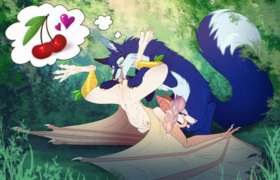 belly bodily_fluids breasts cum cunnilingus duo eating female feral genital_fluids genitals licking male nipples nude open_mouth oral paws penis reward sex tongue tongue_out vaginal vulva wet sunny_way black_cherries bat canid canine flying_fox fox mammal megabat hi_res