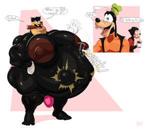 anthro baby_kick big_moobs black_body bulge cigar clothing confusion fetal_movement group hat headgear headwear huge_moobs hyper hyper_moobs hyper_pregnancy looking_at_another male moobs musclegut muscular muscular_anthro muscular_male nipples pregnant pregnant_male skinny text thong trio underwear bobthetanuki disney goof_troop goofy_(disney) max_goof pete_(disney) canid canine canis domestic_cat domestic_dog felid feline felis mammal english_text hi_res signature