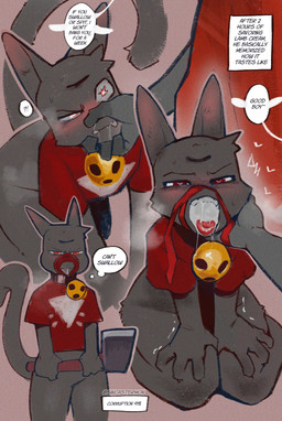 anthro biped black_body black_fur black_tail bodily_fluids bottomless bottomless_male clothed clothing cum cum_in_mouth cum_inside dialogue duo erection eyes_closed fingers fur genital_fluids genitals good_boy heart_eyes heart_symbol licking licking_lips male mouth_full open_mouth penis presenting_cum_inside red_eyes saliva speech_bubble tail tears teeth text tongue tongue_out sincastermon cult_of_the_lamb massive_monster_(studio) lamb_(cult_of_the_lamb) narinder domestic_cat felid feline felis mammal english_text hi_res