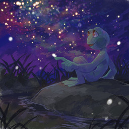 ambiguous_gender anthro glistening glistening_eyes grass green_body group night nude open_mouth open_smile outside plant pupils red_eyes rock side_view sitting sky smile solo_focus unsigned water white_pupils corzh77 ambient_arthropod ambient_firefly ambient_insect amphibian arthropod frog 1:1 hi_res
