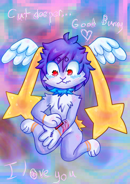 ambiguous_gender anthro bodily_fluids cutting fur gore head_wings purple_body purple_fur self-harm solo tears unusual_wing_placement wings sacrificialhound angel_rabbit hybrid absurd_res hi_res